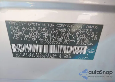 2007 Lexus Es 350 z USA, uszkodzony, nr VIN JTHBJ46G372010097